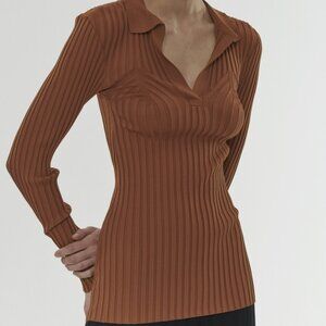 Totême Brown Orange Tobacco Arradon Rib Knit V-Neck Collar Long Sleeve Top